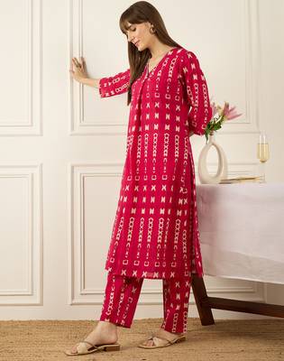 Pink printed pure cotton kurta trouser set 3