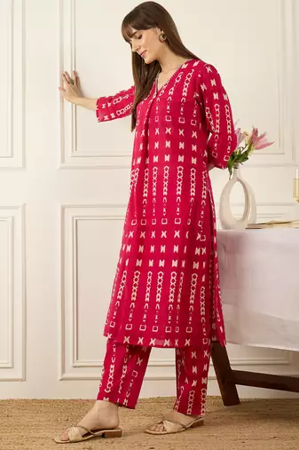 Pink printed pure cotton kurta trouser set