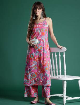 Pink printed pure cotton kurta trouser set 1