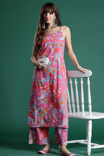 Pink printed pure cotton kurta trouser set