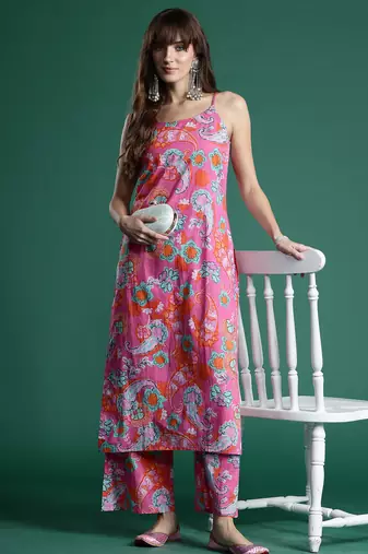 Pink printed pure cotton kurta trouser set