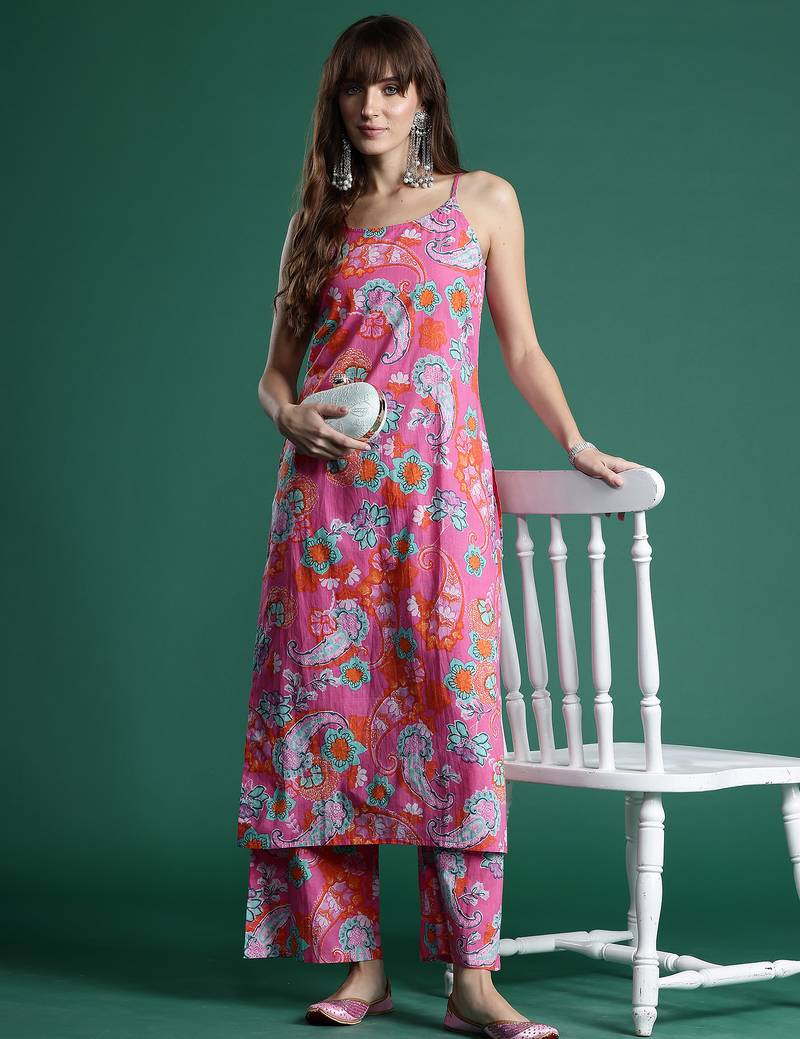Pink printed pure cotton kurta trouser set