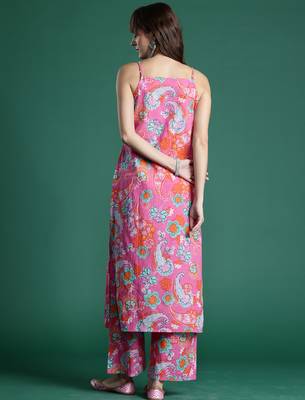 Pink printed pure cotton kurta trouser set 2