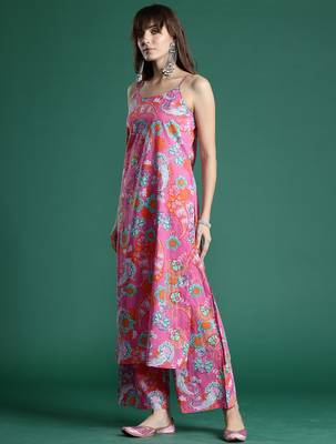 Pink printed pure cotton kurta trouser set 3