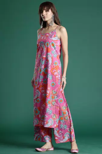 Pink printed pure cotton kurta trouser set
