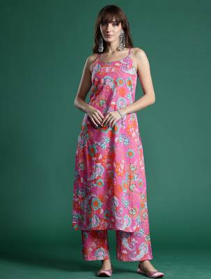 Pink printed pure cotton kurta trouser set 4