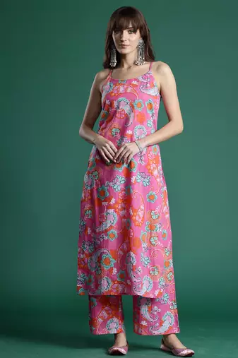 Pink printed pure cotton kurta trouser set
