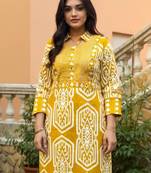 Mustard embroidered pure cotton kurta trouser set