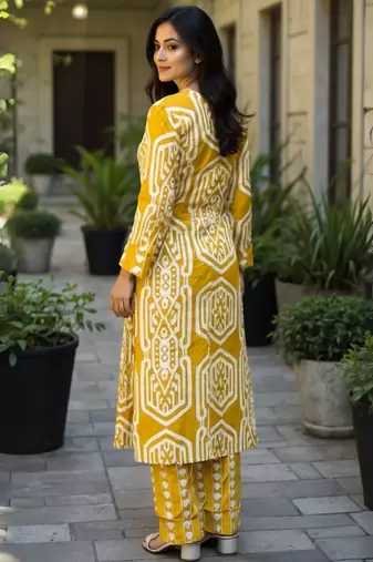 Mustard embroidered pure cotton kurta trouser set