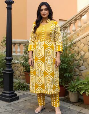 Mustard embroidered pure cotton kurta trouser set 4