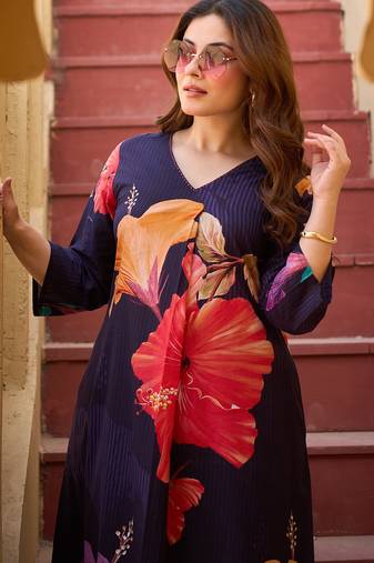 Blue printed pure cotton kurta trouser set