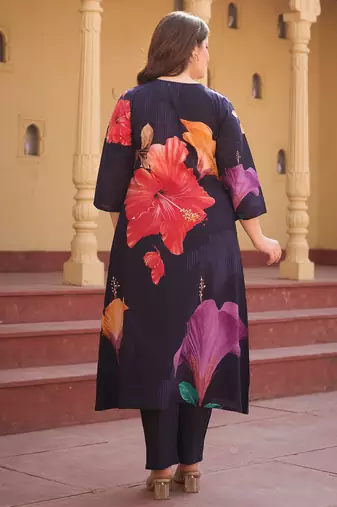 Blue printed pure cotton kurta trouser set