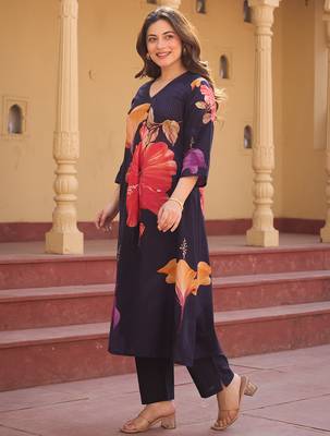 Blue printed pure cotton kurta trouser set 3