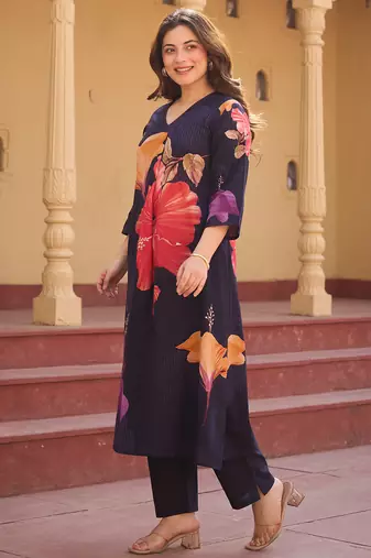 Blue printed pure cotton kurta trouser set