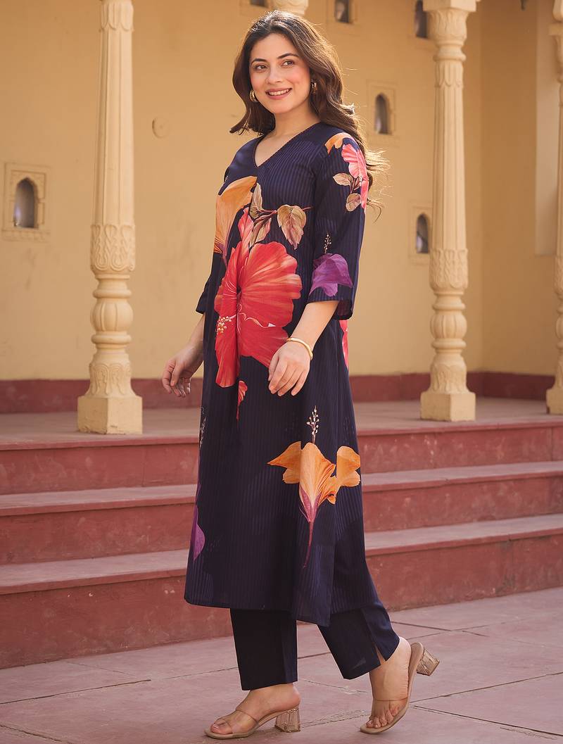 Blue printed pure cotton kurta trouser set