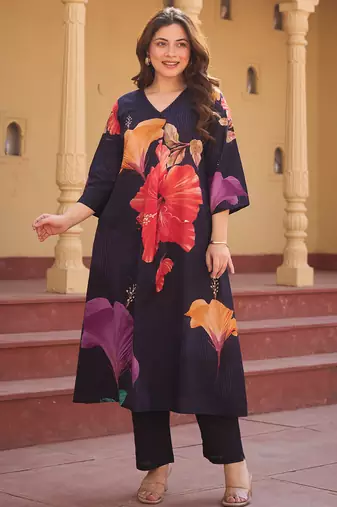 Blue printed pure cotton kurta trouser set
