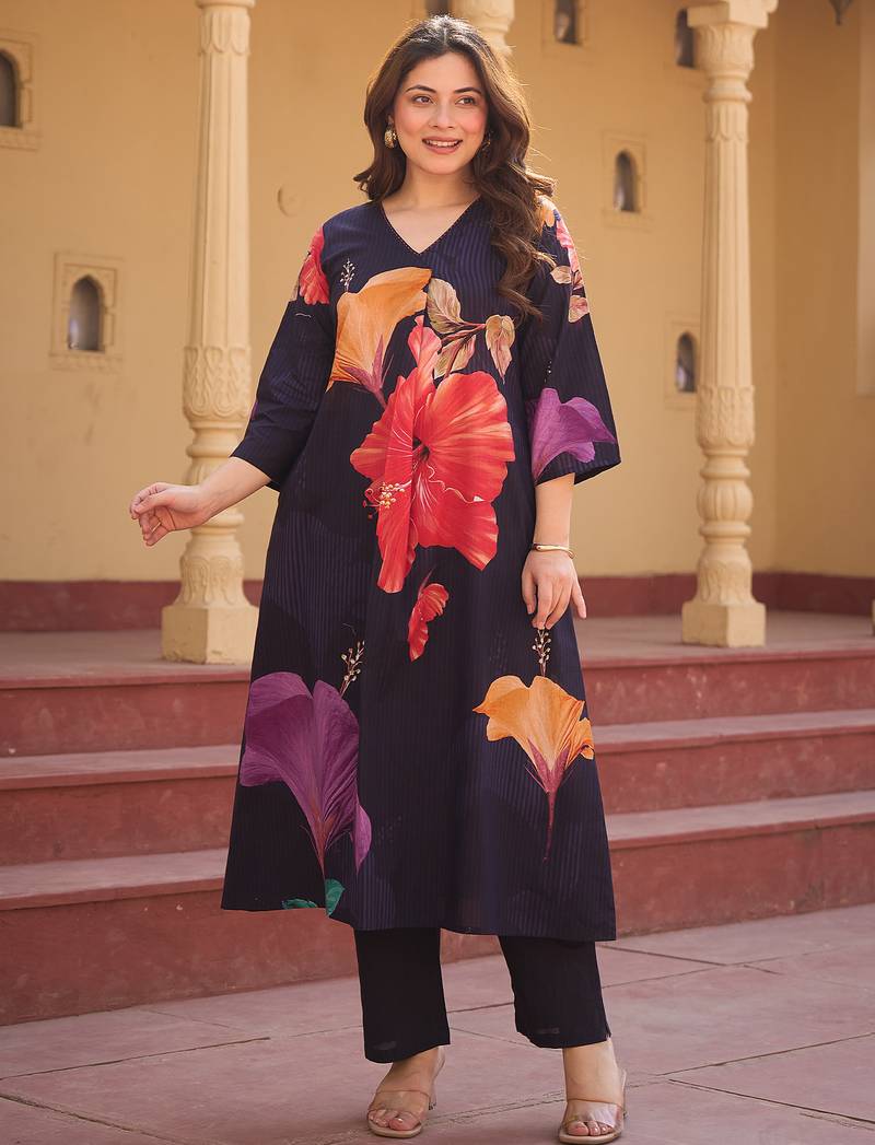 Blue printed pure cotton kurta trouser set