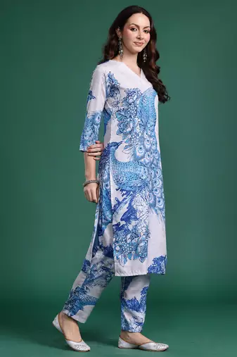 Blue printed pure cotton kurta trouser set