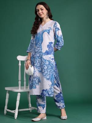 Blue printed pure cotton kurta trouser set 4