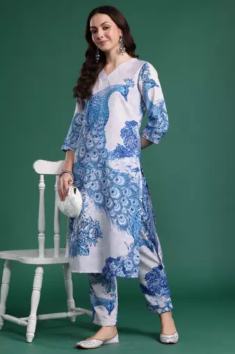 Blue printed pure cotton kurta trouser set