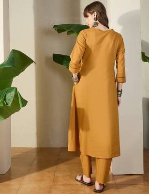 Mustard embroidered pure cotton kurta trouser set 2
