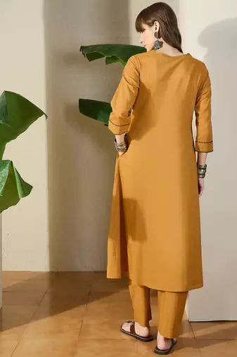 Mustard embroidered pure cotton kurta trouser set