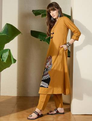 Mustard embroidered pure cotton kurta trouser set 3