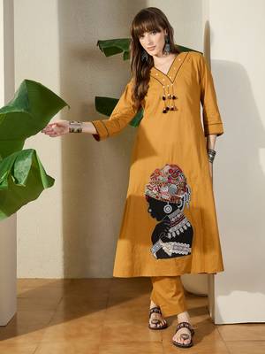 Mustard embroidered pure cotton kurta trouser set 4