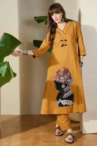 Mustard embroidered pure cotton kurta trouser set