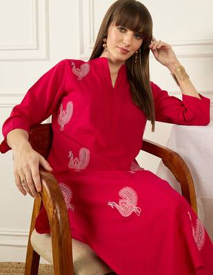 Pink embroidered pure cotton kurta trouser set 1