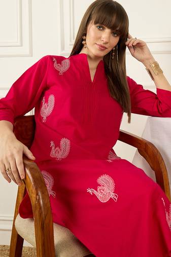 Pink embroidered pure cotton kurta trouser set