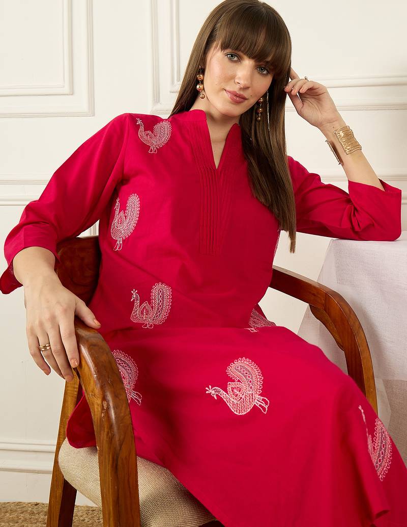 Pink embroidered pure cotton kurta trouser set