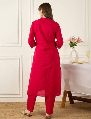 Pink embroidered pure cotton kurta trouser set 2