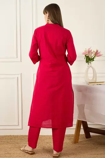 Pink embroidered pure cotton kurta trouser set