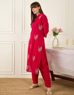 Pink embroidered pure cotton kurta trouser set 3