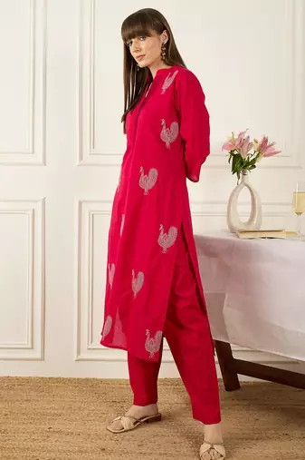 Pink embroidered pure cotton kurta trouser set