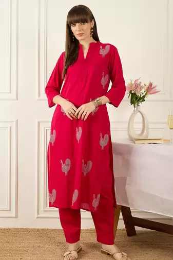 Pink embroidered pure cotton kurta trouser set