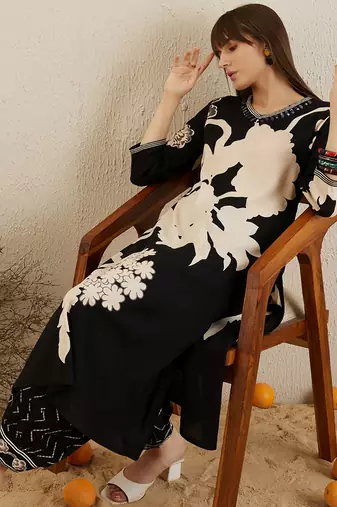 Black embroidered viscose rayon kurta trouser set
