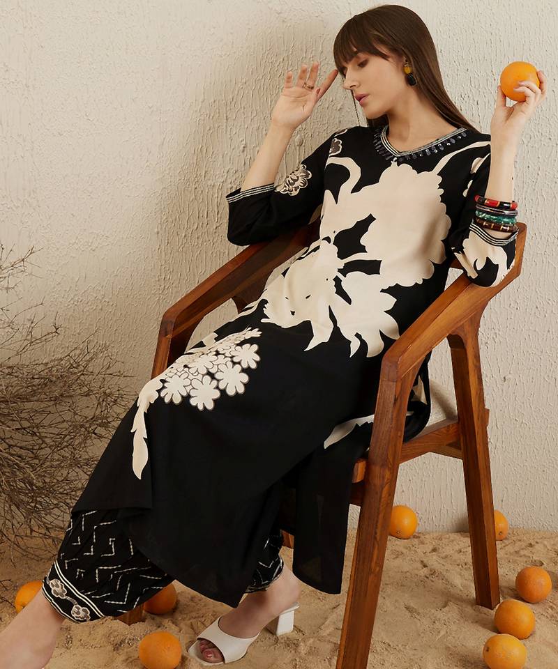 Black embroidered viscose rayon kurta trouser set