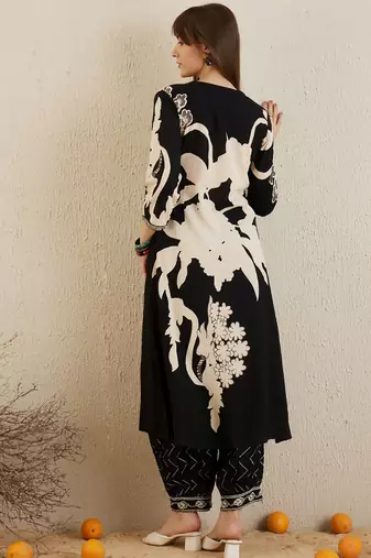 Black embroidered viscose rayon kurta trouser set