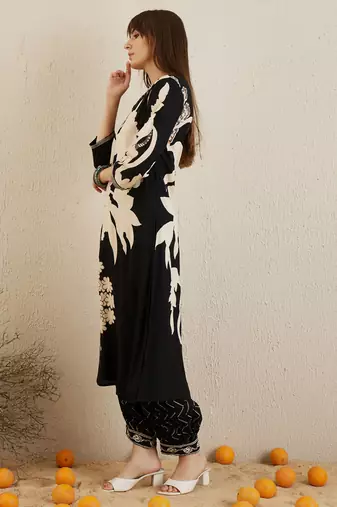 Black embroidered viscose rayon kurta trouser set