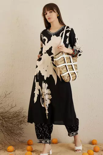 Black embroidered viscose rayon kurta trouser set