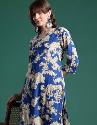 Blue printed pure cotton kurta trouser set 1