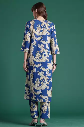 Blue printed pure cotton kurta trouser set