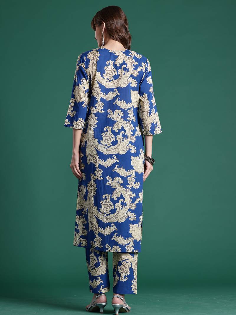 Blue printed pure cotton kurta trouser set