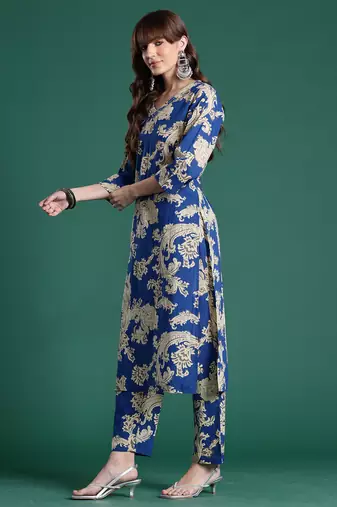 Blue printed pure cotton kurta trouser set