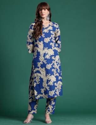 Blue printed pure cotton kurta trouser set 4