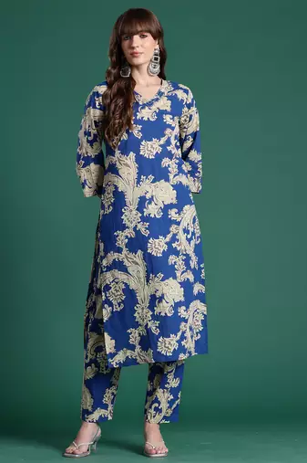 Blue printed pure cotton kurta trouser set