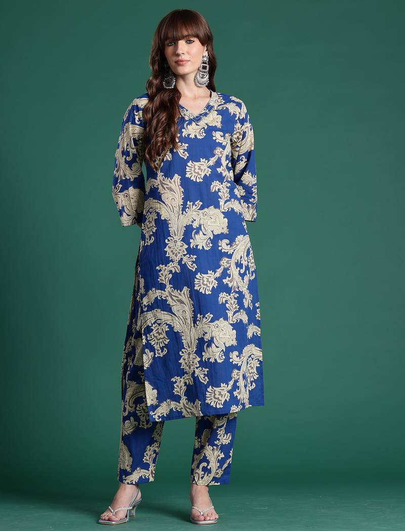 Blue printed pure cotton kurta trouser set