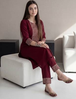 Red embroidered viscose rayon kurta trouser set 1